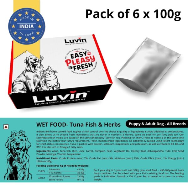 Luvin Wet Dog Food | Tuna Fish & Herbs | Puppy & Adult Dog | All Breeds 600gms (100gms X 6)