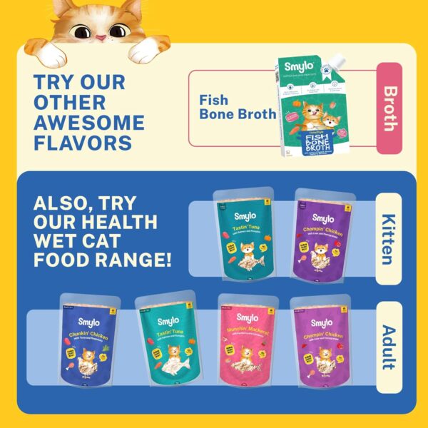 811zqB9DEUL._SL1500_.jpg Smylo Summer Cooler, Hydration Rich Chicken & Fish Bone Broth for Cats (2+1 Combo) | Rich in Collagen for Bones & Joints Health| Omega 3 & 6 for Shiny Fur & Coat | Cat Food Topper and Cat Supplements