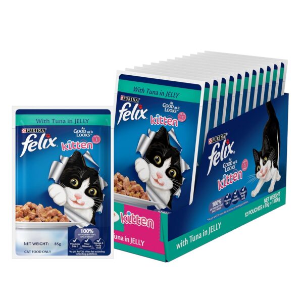 Purina Felix with Tuna in Jelly | Wet Food for Kittens | Complete and Balanced Cat Food, Pack of 12 Pouches (12 x 85 g)