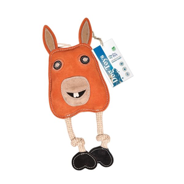 Orange Rabbit Leather Dog Toy – Natural Leather Chew Toy Orange Rabbit Leather Dog Toy – Natural Leather Chew Toy with Hand-Stitched Finish, Jute Rope & Coconut Fiber | Eco-Friendly, Durable, Non-Toxic Toy for Large Dogs, Puppies & All Breeds