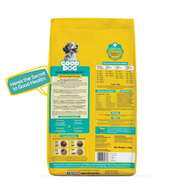 8159zd46mwL._SL1500_.jpg Good Dog Puppy Dry Dog Food | Oven Baked | Fresh Chicken & Eggs | 1.3 kg | Palatable Meal for Healthy Growth, Strong Bones, Immunity & Digestion | Nutritionally Crafted & Suitable for All Breeds