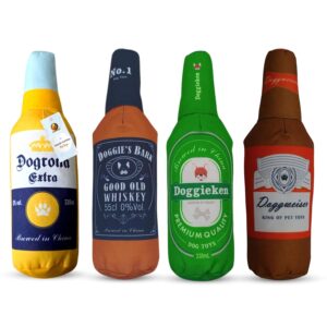 Foodie Puppies Dog Squeaky Crackling Plush Toy Combo of 4 (Whiskey, Dogrona, Doggieken, Doggweiser Bottle) | Non-Toxic, Stuffed, Teething, Playful, Interactive, Soft, Chew Toy for Small to Medium Dogs