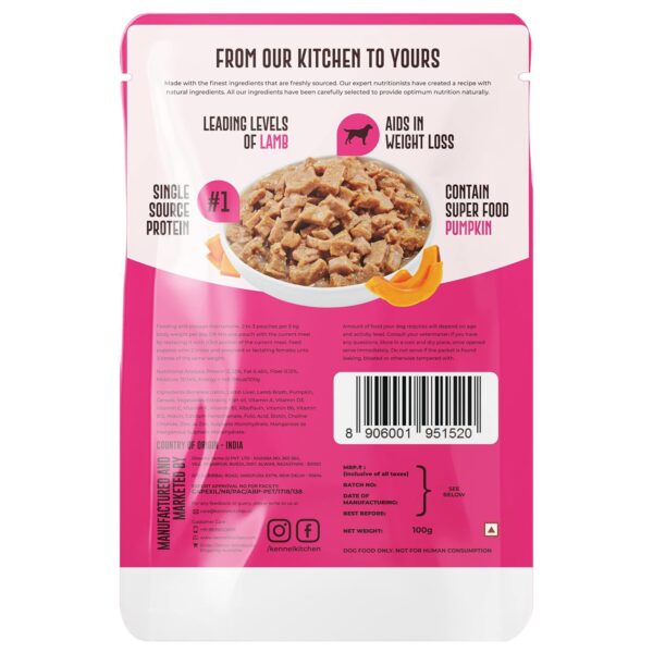 Kennel Kitchen Supreme Cuts in Gravy, Lamb Recipe with Pumpkin, 100g/130g (Pack of 12) | Wet Dog Food Gravy for Adult & Puppy | Limited Ingredient Chunks High in Fibre & Good for Hydration