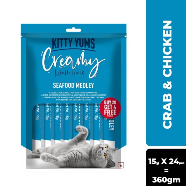 Kitty Yums Creamy Lickable Cat Treats,Seafood Medely 360Gm(15g x24 Pcs)| Rich in Protein,Taurine for Heart & Vision,Ideal for Training and Bonding, Promotes Hydration|Treats for Kitten and Adult Cat
