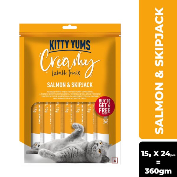 Kitty Yums Creamy Lickable Cat Treats,Salmon & Skipjack,360Gm(15g x24 Pcs)| Rich in Protein,Taurine for Heart,Ideal for Training and Bonding, Promotes Hydration|Treats for Kitten and Adult Cats