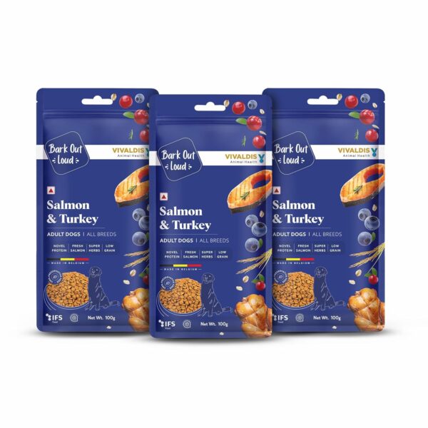 Bark Out Loud Adult Dry Dog Food for All Breeds Bark Out Loud Adult Dry Dog Food for All Breeds – Salmon and Turkey Formula, Pet Nutrition, Rich in Novel Protein and Prebiotics, Fresh Salmon, Super Herbs Low Grain, 300 gm (100 gm x 3)