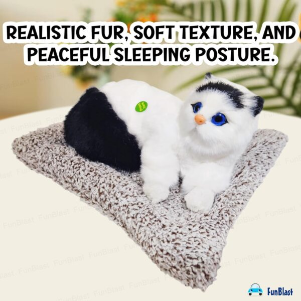 FunBlast Cute Cat Plush Toy with Meow Sound, Toy Accessories for Car Dashboard & Home Décor, Gift for Kids, Realistic Cat Pet Toys with Bed (Black+White)