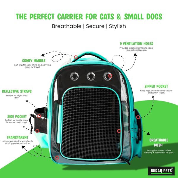 Buraq Breathable Design Pet Carrier Backpack for Hot Weather Travel, Hiking, Ventilated, Touring, Airline-Approved, Sturdy Base cat Bag for Cats Kitten Puppy (Black, Transpicuous See-Through)
