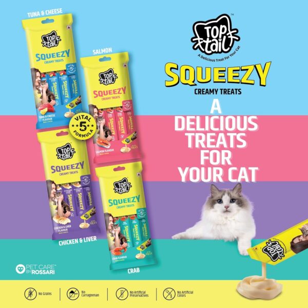 Toptail Cat Treats Chicken & Liver Flavour - 60 Grams (12g x 5 Sachets), Squeezy Creamy Lickable Treats for Cats, Rich in Omega-3 & 6 Fatty Acids