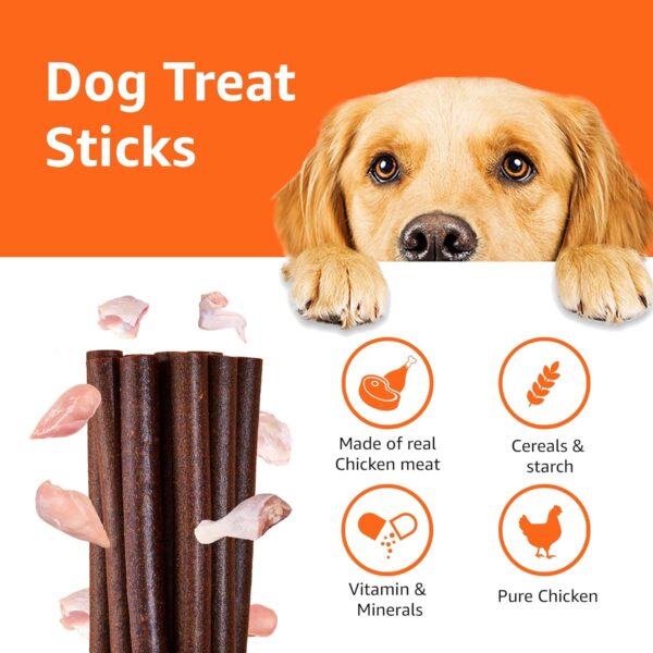 81BdRDojiVL._SL1500_.jpg Amazon Basics Dog Treat Sticks 140 gm, Chewy Meat Sticks for Adult Dogs and Puppies, High Protein Dog Treats for Training and Snacks, Made of Real Chicken Meat, Ziplock Pack, Chicken Flavor