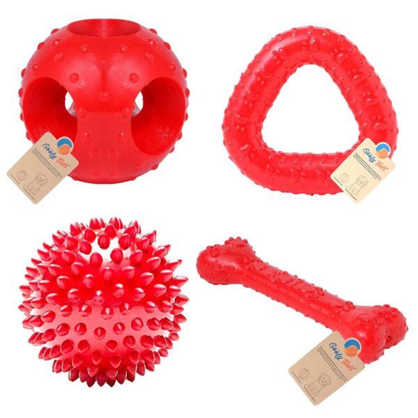 Goofy Tails 4 Rubber Chew Toy Combo for Dogs, Flavoured Bone, Hole Ball, Spike Ball and Trio Ring for Dog