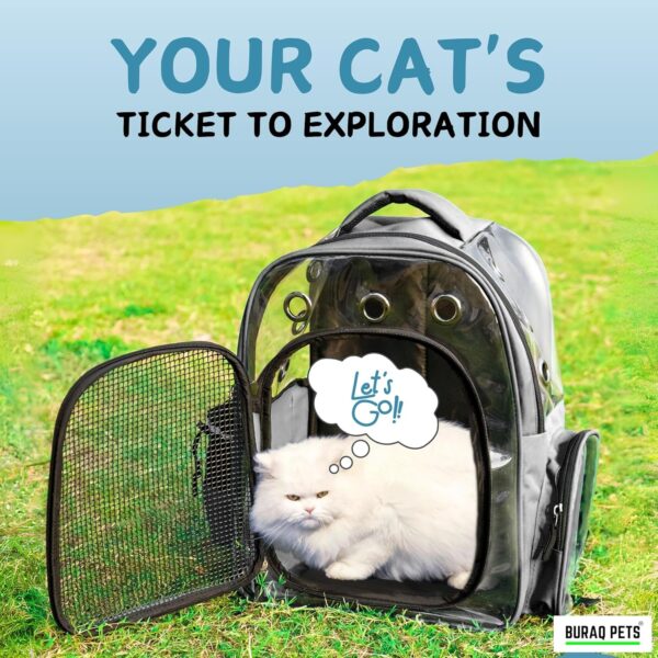 Buraq Breathable Design Pet Carrier Backpack for Hot Weather Travel, Hiking, Ventilated, Touring, Airline-Approved, Sturdy Base cat Bag for Cats Kitten Puppy (Black, Transpicuous See-Through)