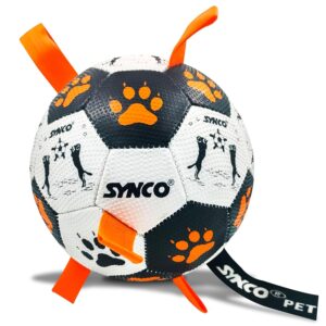 Synco Dog Football Black & White with Orange Holding Loops | Dog Balls for Large Breed | Pet Toys for Dogs | Dog Ball for Adult Dogs | Rubber Pet Balls | Suitable for All Dog Breeds & Sizes | Size- 3