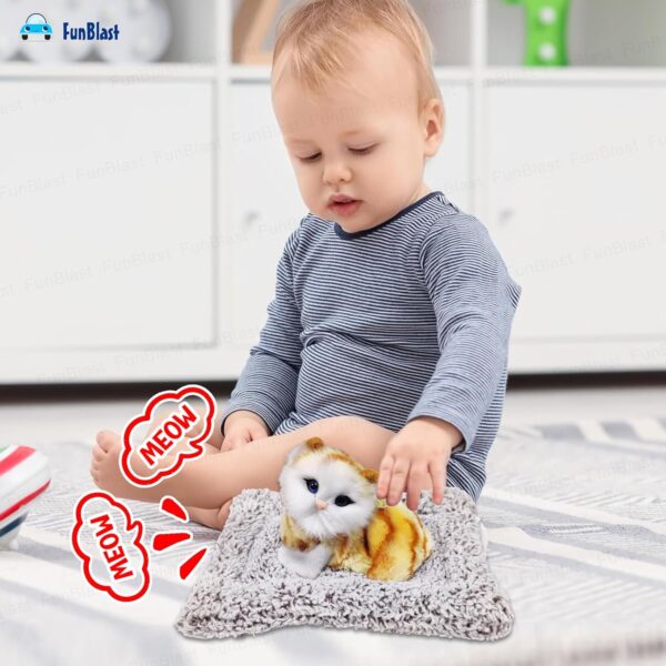 FunBlast Cute Cat Plush Toy with Meow Sound, Toy Accessories for Car Dashboard & Home Décor, Gift for Kids, Realistic Cat Pet Toys with Bed
