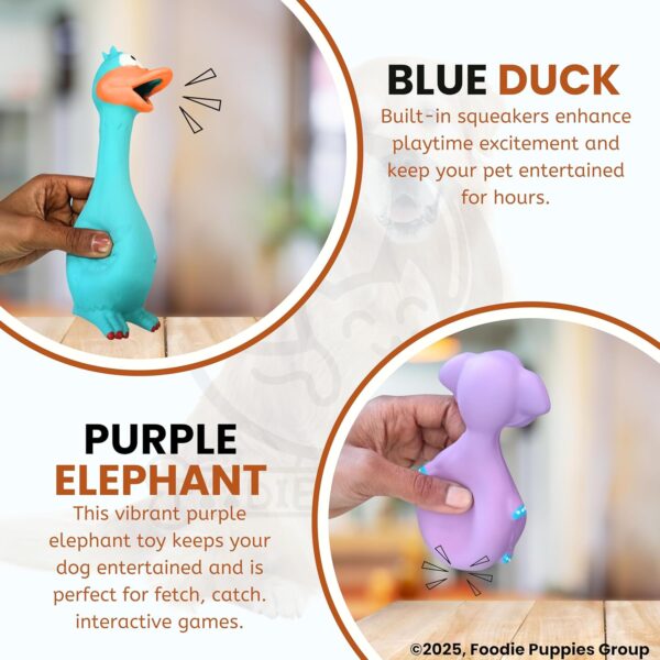 Foodie Puppies Latex Squeaky Dog Toys Combo - (Purple Elephant and Blue Duck) Animal Design, Fetch & Chew Safe Play Toy | Suitable for Cats, Kitten, Small to Medium Dogs & Puppies