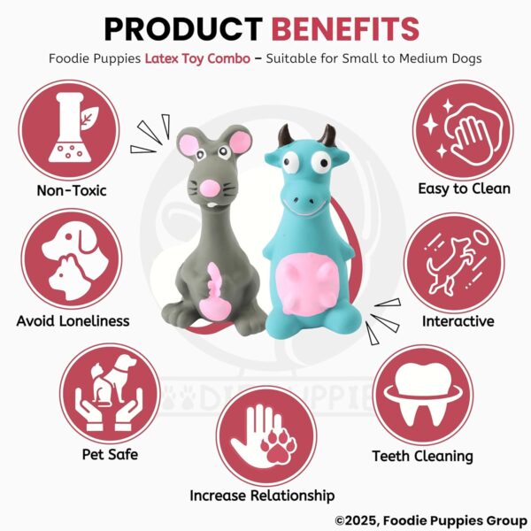 Foodie Puppies Latex Squeaky Dog Toys Combo - (Grey Mouse and Blue Bull) | Durable, Animal Design Chew Toy for Teething, Fetching & Playing | Suitable for Cats, Kitten, Small to Medium Dogs & Puppies
