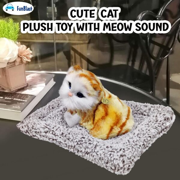 FunBlast Cute Cat Plush Toy with Meow Sound, Toy Accessories for Car Dashboard & Home Décor, Gift for Kids, Realistic Cat Pet Toys with Bed