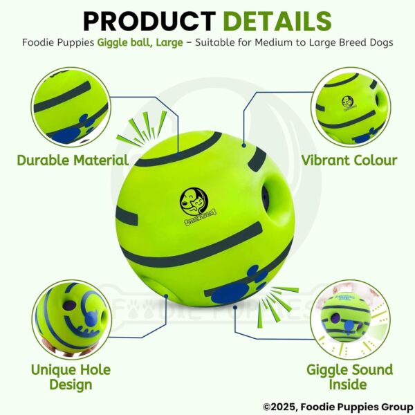 81KqliDlVCL._SL1500_.jpg Foodie Puppies 5.5-Inch Interactive Giggle Ball Squeaky Dog Toy for Medium to Large Breeds, Durable Non-Toxic PVC Chew Ball for Stress Relief, IQ Training, Keeps Dogs Happy & Healthy