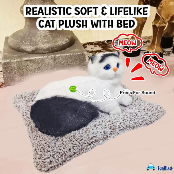 FunBlast Cute Cat Plush Toy with Meow Sound, Toy Accessories for Car Dashboard & Home Décor, Gift for Kids, Realistic Cat Pet Toys with Bed (Black+White)