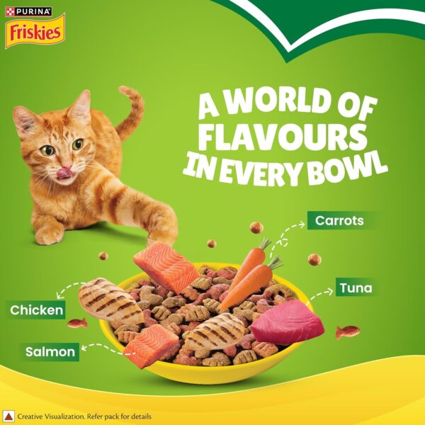 PURINA, FRISKIES Indoor Delights Adult Dry Cat Food, 1 kg, Contains Salmon, Tuna, Chicken and Vegetables Flavours
