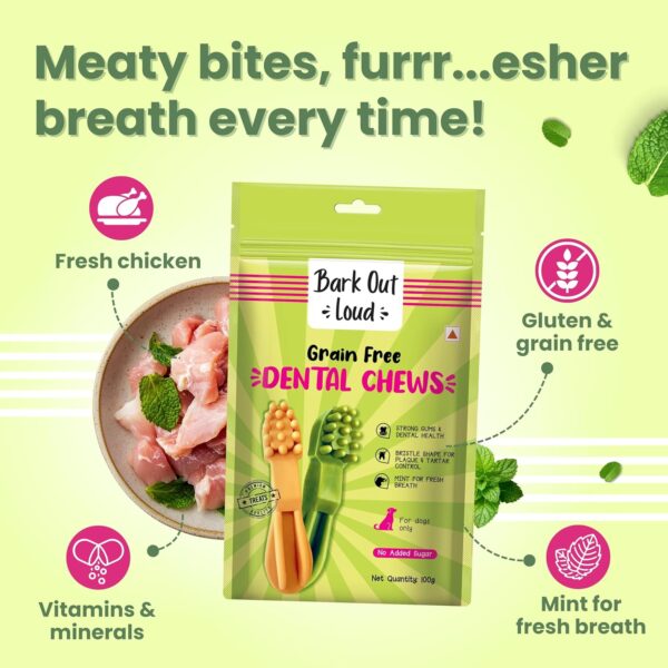 81Nfd62EIpL._SL1500_.jpg BARK OUT LOUD - Dental Treats | Brush Shape Dog Chews | Removes Plaque/Tartar | Fresh Smell | Oral Care Gluten Free| Chicken Dog Treats (100 GMS)