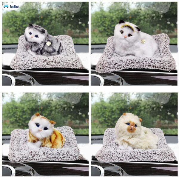 FunBlast Cute Cat Plush Toy with Meow Sound, Toy Accessories for Car Dashboard & Home Décor, Gift for Kids, Realistic Cat Pet Toys with Bed