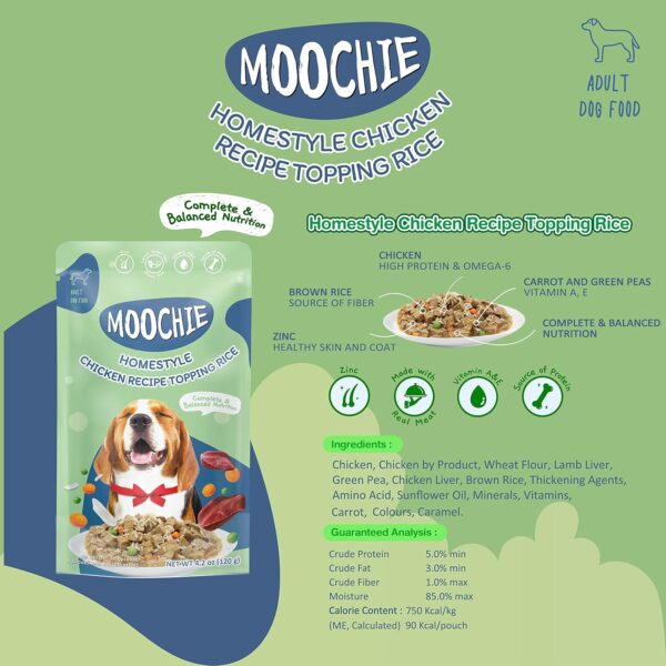 PETS EMPIRE Moochie Homestyle Wet Dog Food (120g X 6) Grain Free Gavy Meal, Variety Pack with Lamb Topping Pasta, Chicken Recipe Topping Rice & Chicken Stew, High Protein Gravy Foods for Adult Dogs