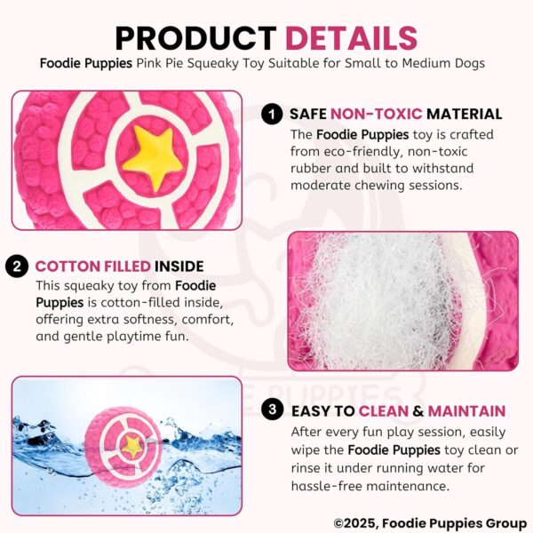 81QRmCDNV0L._SL1500_.jpg Foodie Puppies Interactive Non-Toxic Soft Latex Squeaky Chew Toy for Small to Medium Dogs (Pink Pie - Large) | Chewing, Floating, Training, and Bouncing | Reduce Separation Anxiety