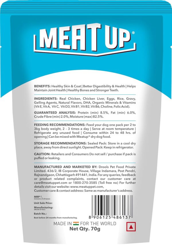 81R90bQSbEL._SL1500_.jpg Meat Up Adult Wet Dog Food, Real Chicken and Chicken Liver Chunks in Gravy, 8 Pouches (8 x 70g) - Buy 1 Get 1 Free