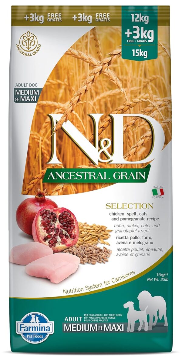 FARMINA PET FOODS Ancestral Grain Selection Dry Dog Food, Adult FARMINA PET FOODS Ancestral Grain Selection Dry Dog Food, Adult Medium & Maxi Breed, 12kg + 3kg Free, Chicken and Pomegranate