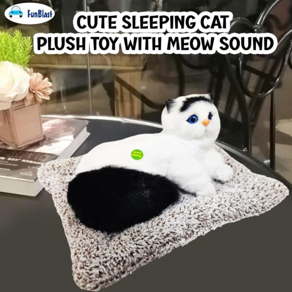 FunBlast Cute Cat Plush Toy with Meow Sound, Toy Accessories for Car Dashboard & Home Décor, Gift for Kids, Realistic Cat Pet Toys with Bed (Black+White)