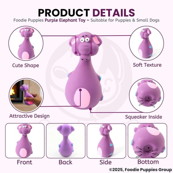 81RwVIM99XL._SL1500_.jpg Foodie Puppies Natural Latex Rubber Squeaky Chew Toy - (Purple Elephant, 12cm), Suitable for Puppy, X-Small to Small Dogs | Durable, Animal Design, Fetch & Chew Toy