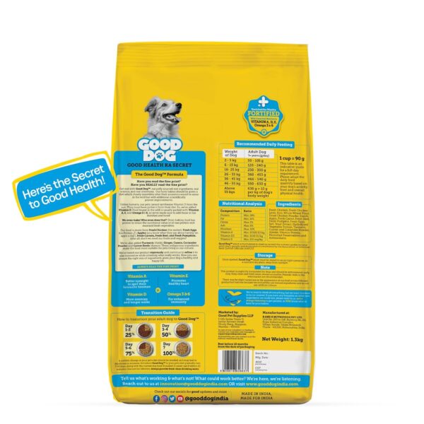 81SDpZaqN5L._SL1500_.jpg Good Dog Adult Dry Dog Food | Oven Baked | Real Chicken & Eggs | 1.3 Kg | High-Protein | High Palatability | Nutritionally Formulated with Vitamins & Minerals | Indian Herbs | Suitable for All Breeds