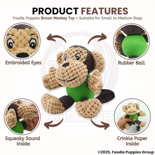 Foodie Puppies Interactive Dog Squeaky Plush Toy (Brown Monkey, Medium) | Crinkle Paper, Cotton-Stuffed, Rubber Vest Chew Toy for Teething, Cuddling, Playing & Training for Small to Medium Dogs