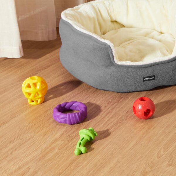 Amazon Basics Dog Toys (Set of 3) - Red Hole Ball, Squeezy Pear Fruit Toy and Twisted Pull Ring | Interactive Play for Dogs & Puppies
