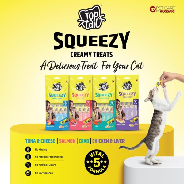 Toptail Cat Treats Chicken & Liver Flavour - 60 Grams (12g x 5 Sachets), Squeezy Creamy Lickable Treats for Cats, Rich in Omega-3 & 6 Fatty Acids