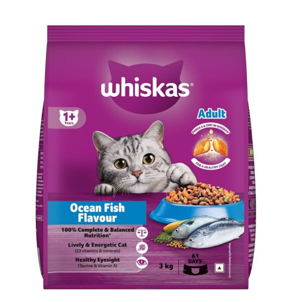 Whiskas Adult (1+ Years) Dry Cat Food, Ocean Fish Flavour, Whiskas Adult (1+ Years) Dry Cat Food, Ocean Fish Flavour, 3 kg, Contains 41 Essential Nutrients, Complete & Balanced Nutrition for Adult Cats