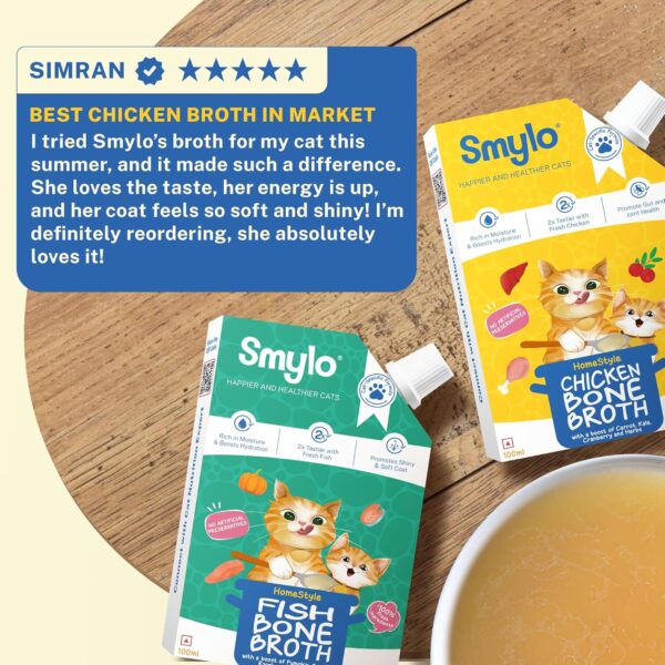 81UNxBLPv3L._SL1500_.jpg Smylo Summer Cooler, Hydration Rich Chicken & Fish Bone Broth for Cats (2+1 Combo) | Rich in Collagen for Bones & Joints Health| Omega 3 & 6 for Shiny Fur & Coat | Cat Food Topper and Cat Supplements