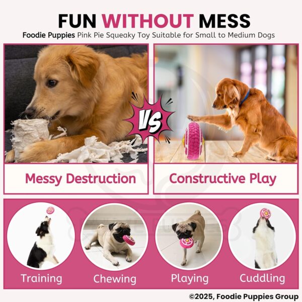 81UQpqPzEZL._SL1500_.jpg Foodie Puppies Interactive Non-Toxic Soft Latex Squeaky Chew Toy for Small to Medium Dogs (Pink Pie - Large) | Chewing, Floating, Training, and Bouncing | Reduce Separation Anxiety