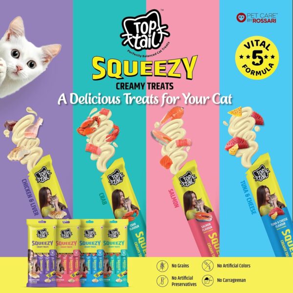 Toptail Cat Treats Chicken & Liver Flavour - 60 Grams (12g x 5 Sachets), Squeezy Creamy Lickable Treats for Cats, Rich in Omega-3 & 6 Fatty Acids