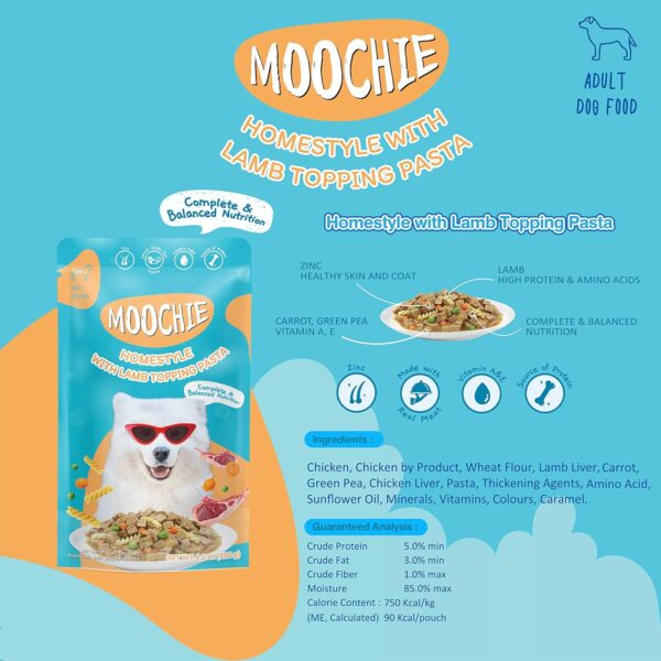 PETS EMPIRE Moochie Homestyle Wet Dog Food (120g X 6) Grain Free Gavy Meal, Variety Pack with Lamb Topping Pasta, Chicken Recipe Topping Rice & Chicken Stew, High Protein Gravy Foods for Adult Dogs