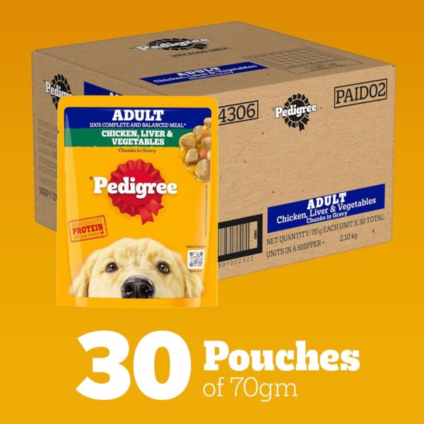 Pedigree Adult Wet Dog Food, Grilled Liver Chunks Flavour in Gravy with Vegetables, 70 g (Pack of 30), Complete & Balanced Nutrition for Adult Dogs