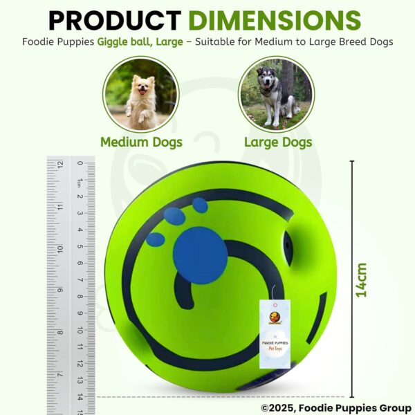 81bhVhqyAL._SL1500_.jpg Foodie Puppies 5.5-Inch Interactive Giggle Ball Squeaky Dog Toy for Medium to Large Breeds, Durable Non-Toxic PVC Chew Ball for Stress Relief, IQ Training, Keeps Dogs Happy & Healthy