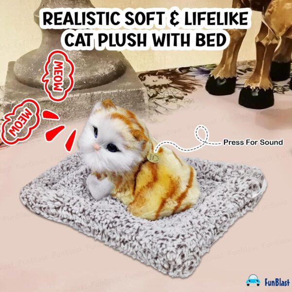 FunBlast Cute Cat Plush Toy with Meow Sound, Toy Accessories for Car Dashboard & Home Décor, Gift for Kids, Realistic Cat Pet Toys with Bed