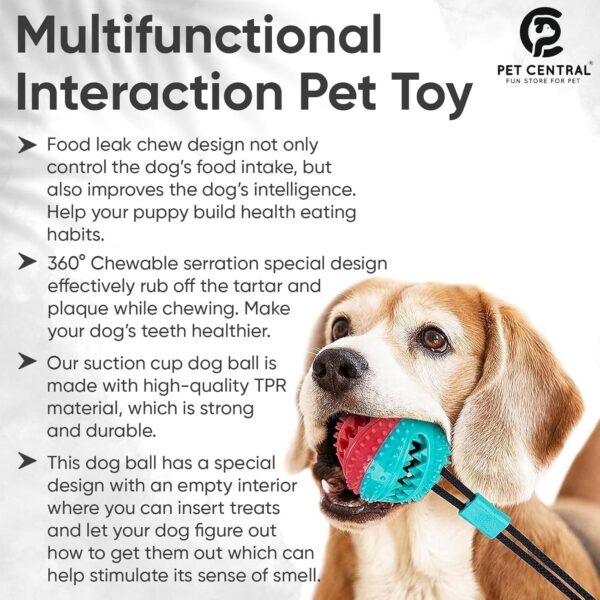 Interactive Toy | Suction Cup Chew Toy for Aggressive Chewers | Treat Dispensing Squeaky Dog Toy for Stimulation and Self-Playing | Tug of War Rope With Teeth Cleaning Ball