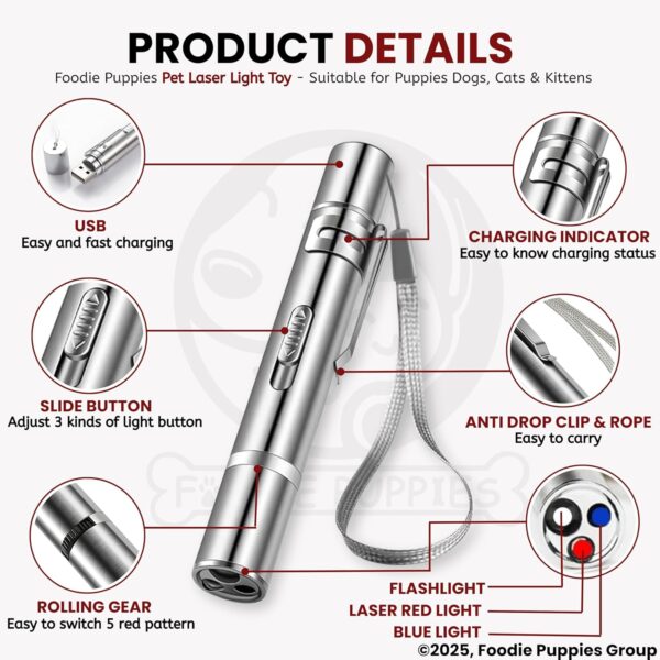 81cJKti65BL._SL1500_.jpg Foodie Puppies 3 in 1 USB Laser Pointer Cat Teasing Toy with 5 Adjustable Patterns I Pet Chaser Tease Stick Pointer Toys for Cats, Kitten, Puppies & Dogs I Fun Exercise & Training for Indoor & Outdoor