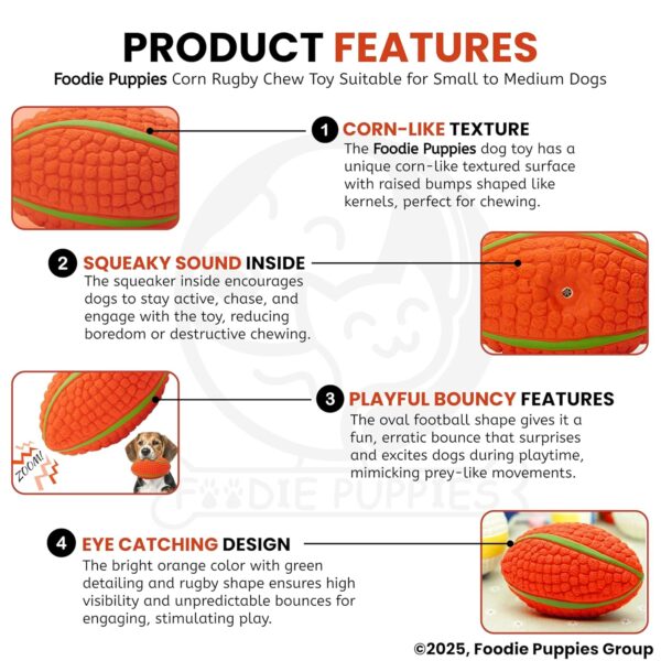 Foodie Puppies Interactive Latex Squeaky Chew Toy for Small to Medium Dogs (Corn Rugby - Large) | Durable, Non-Toxic & Soft Teething, Floating, Training & Bouncing Pet Toy
