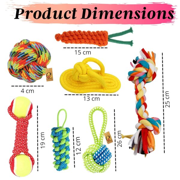 Foodie Puppies 7-in-1 Combo of Cotton Rope Toys for Small Dogs and Puppies - (2Knot, Slipper, Cornstick, Tennis, Handle Ball, Cotton Ball & Carrot) | Teething & Training Rope Chew Toy (Color May Vary)