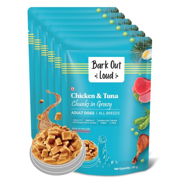 Bark Out Loud Wet Dog Food Chunks | Chicken & Bark Out Loud Wet Dog Food Chunks | Chicken & Tuna Gravy Food for Adult Dogs | Grain-Free, Pea Protein with Omega Fatty Acids | Healthy & Tasty Meal for Dogs | 85 g (Pack of 6)