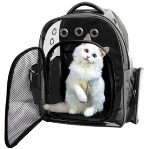 Buraq Breathable Design Pet Carrier Backpack for Hot Weather Travel, Buraq Breathable Design Pet Carrier Backpack for Hot Weather Travel, Hiking, Ventilated, Touring, Airline-Approved, Sturdy Base cat Bag for Cats Kitten Puppy (Black, Transpicuous See-Through)